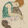 Seated woman with bent knee figurative canvas art print by Schiele Egon, displayed in a modern home setting.