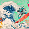 Humorous canvas art print of a mecha surfing machine by Feeling at Home, featuring vibrant, detailed robot surfing scene.