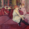 Feeling at Home art print featuring Toulouse-Lautrec's "In the Salon at the Rue des Moulins" on a canvas, showcasing a vibrant interior scene.