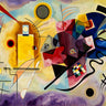 Abstract canvas art print by Kandinsky featuring yellow, red, and blue colors, styled for a modern home decor setting.