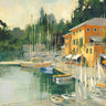 Coastal canvas art print featuring Portofino Heights by Villarreal Villarreal, displayed on a wall with vibrant seaside scenery.