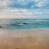 Coastal canvas art print of sandy beach scene by Frank Assaf, featuring calming ocean waves and shoreline, by Feeling at Home.