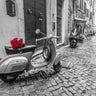 European canvas art print by Feeling at Home depicting an old scooter with roses on a narrow Roman street.