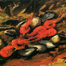 Colorful canvas art print of mussels and shrimp by Yoshitoshi Tsukioka, titled Feeling at Home, suitable for kitchen decor.
