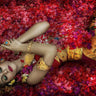 Balinese woman among colorful flowers, Feeling at Home art print by Gabriel Barathieu, showcasing vibrant floral and cultural imagery.